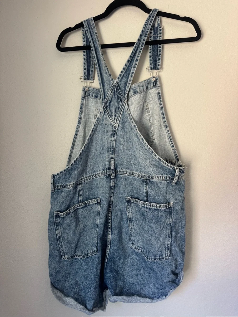 Free People Light Blue Acid Wash Denim Short Overalls